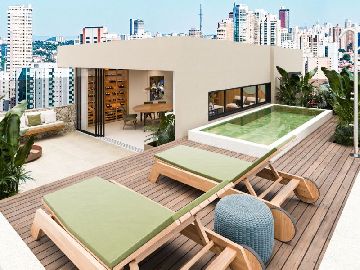 Perspectiva 3D da �rea externa com piscina