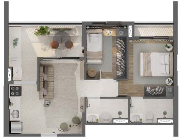 Planta Apartamento de 53m� - 2 dorms com 1 su�te e 1 vaga