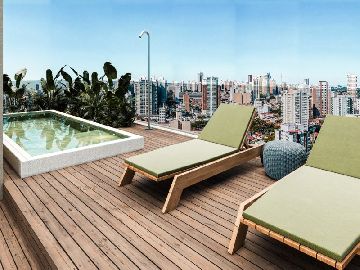 Perspectiva 3D da �rea externa com piscina