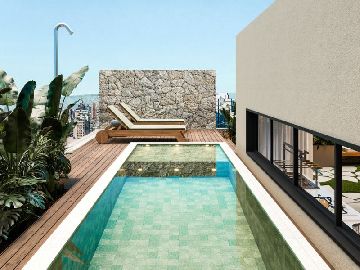 Perspectiva 3D da �rea externa com piscina