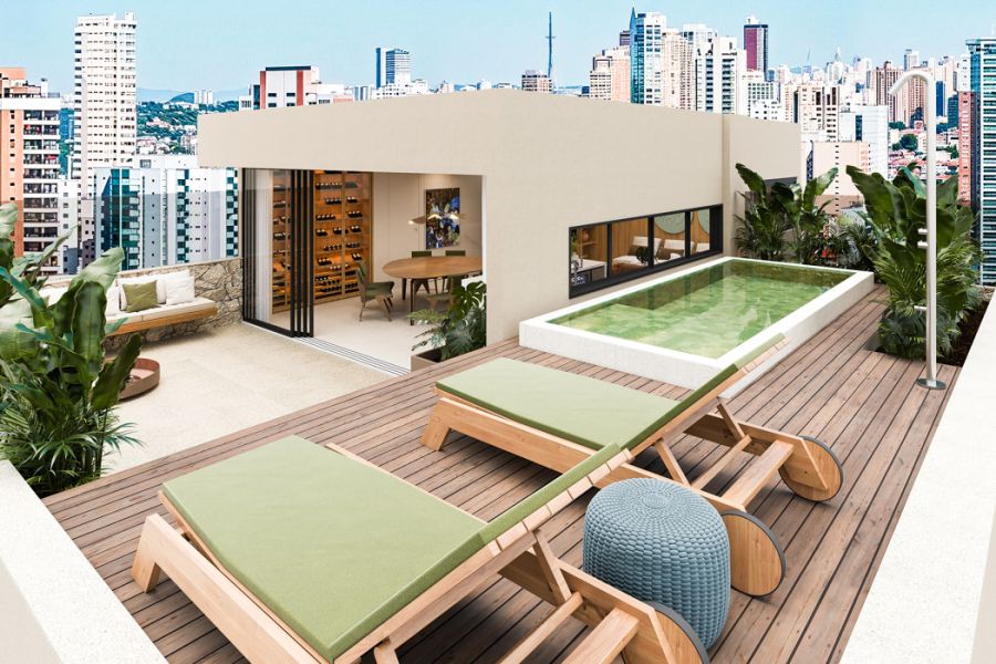 Perspectiva 3D da �rea externa com piscina