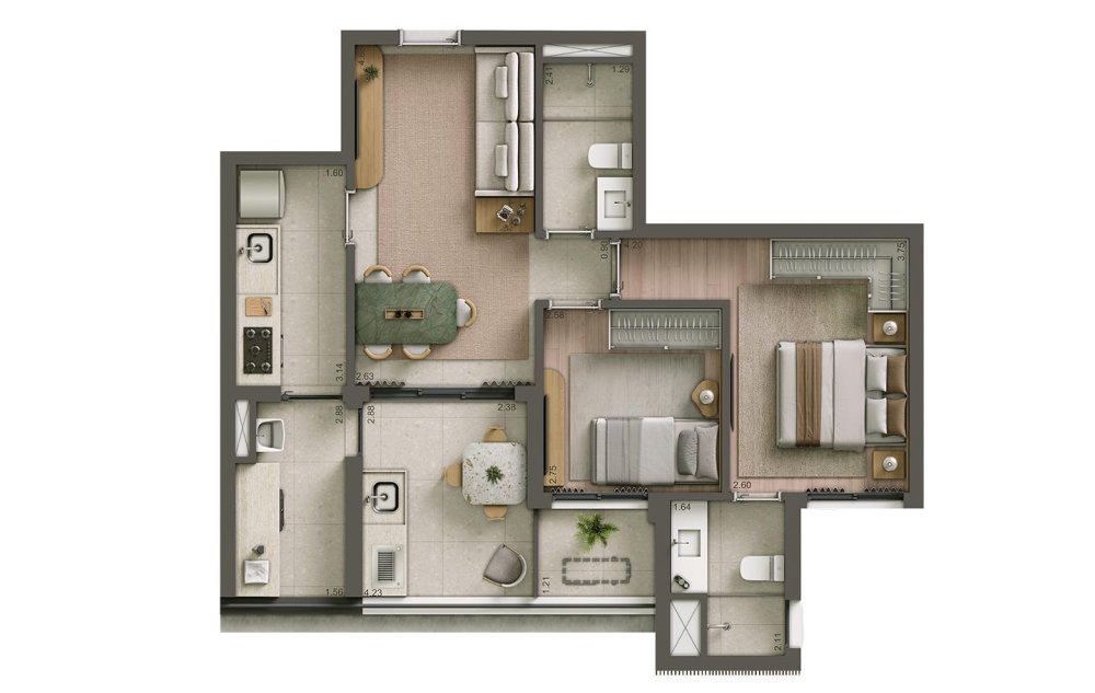 Apto 68m� - 2 dorms (1 su�te)