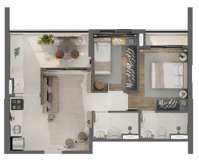 Planta Apartamento de 53m² - 2 dorms com 1 suíte e 1 vaga