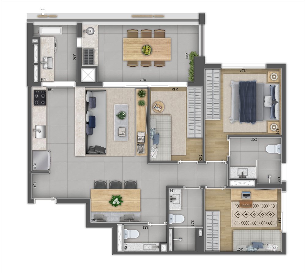 Planta Humanizada meramente Ilustrativa da unidade com 3 dormit�rios com 1 su�te com op��o de decora��o