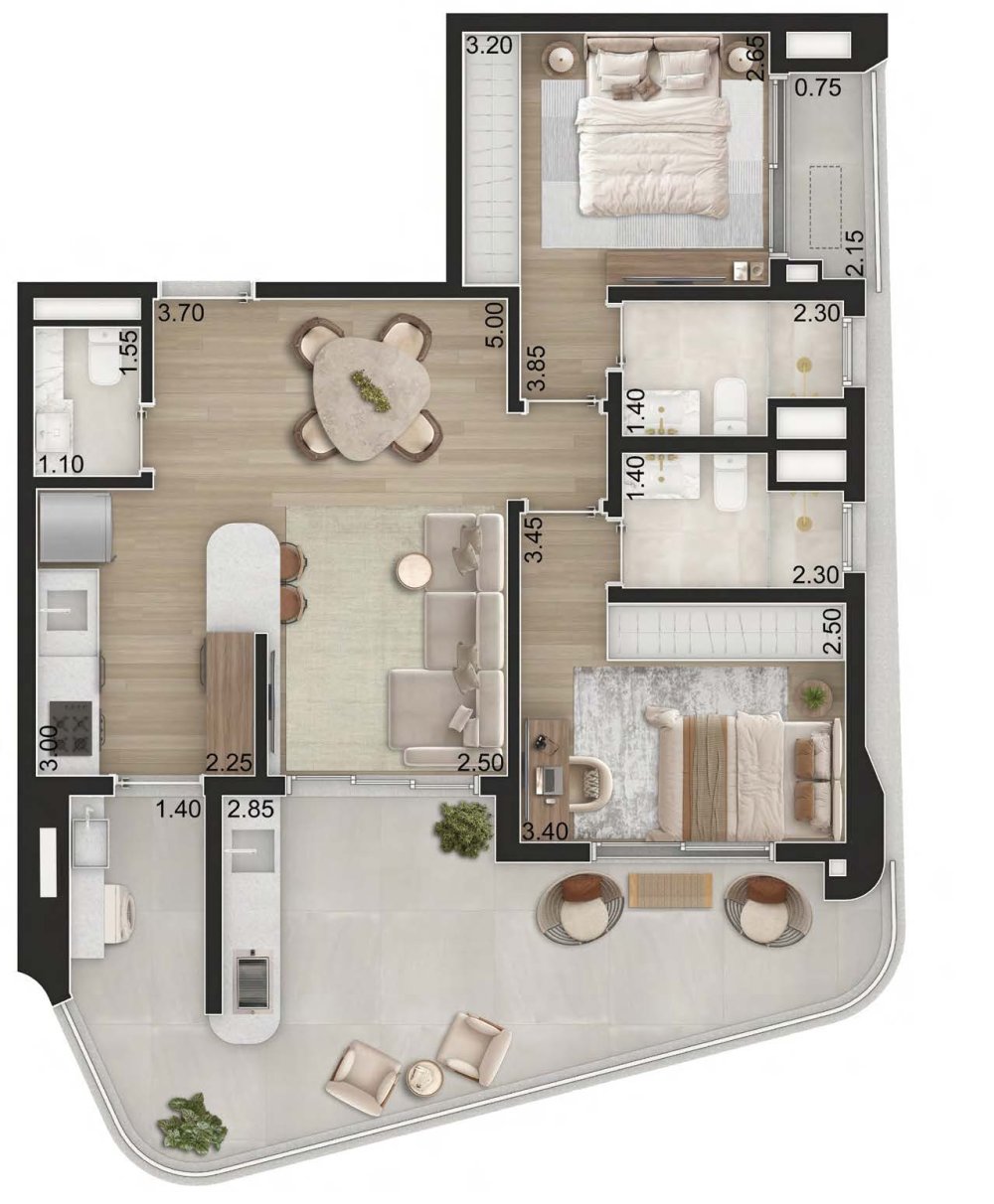 Planta Padrão 87m² com 2 suítes - Final 1 - Torre 2