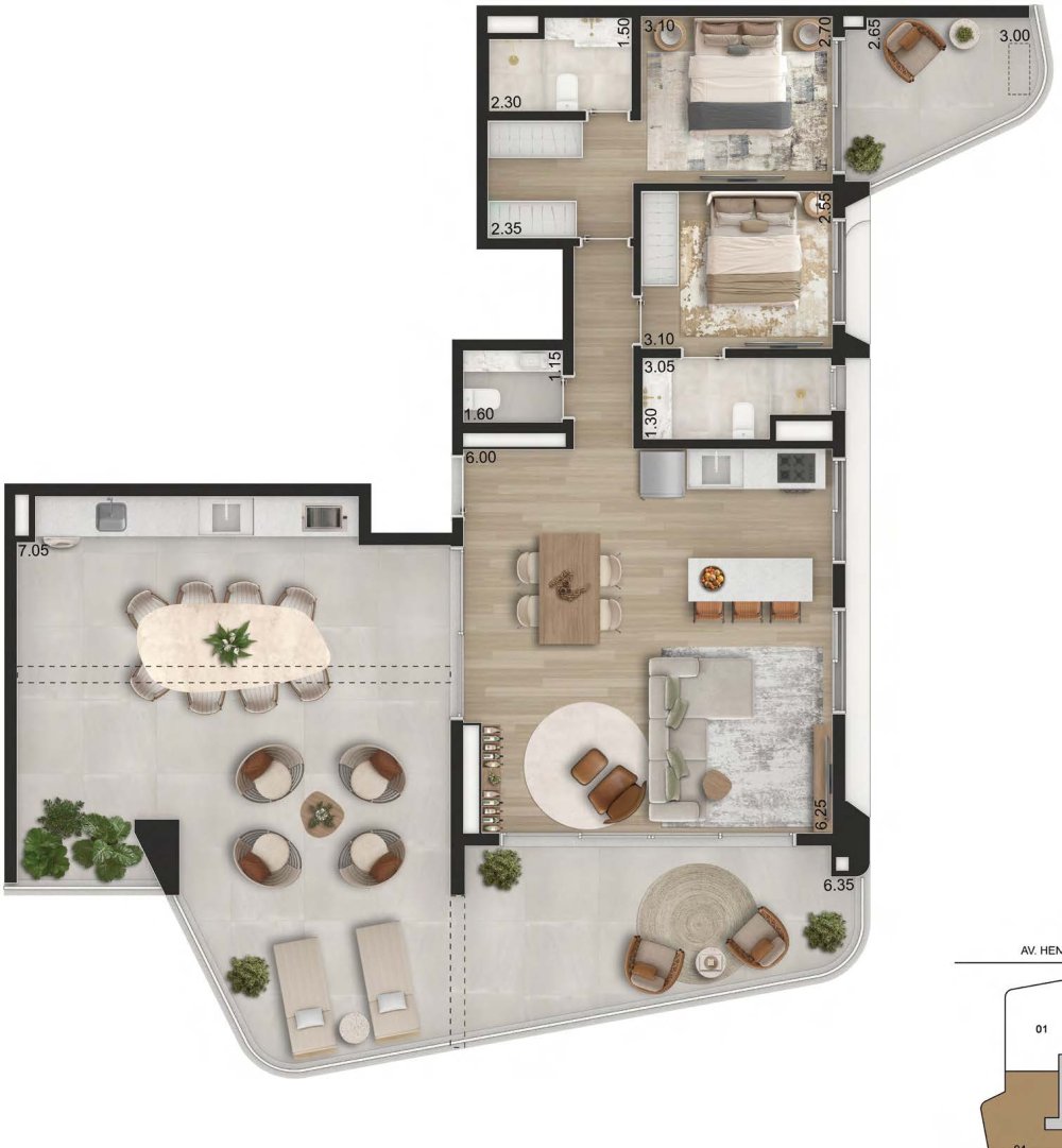 Planta Padrão 166m² com 2 suítes - Final 2 e 4 - Torre 1 - 14° Pavimento