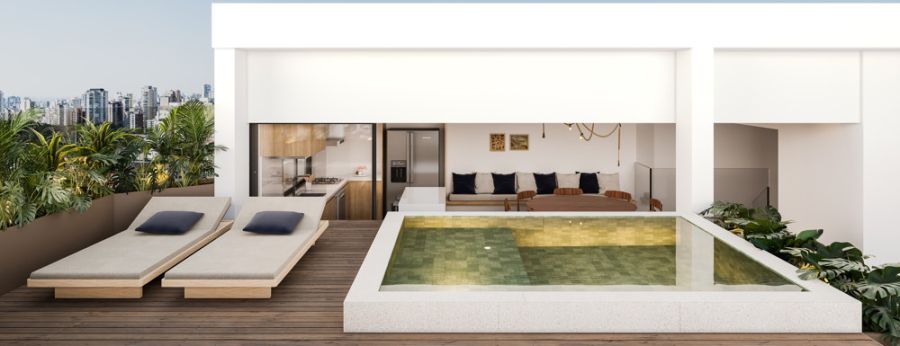 Perspectiva 3D Deck, Piscina e Gourmet