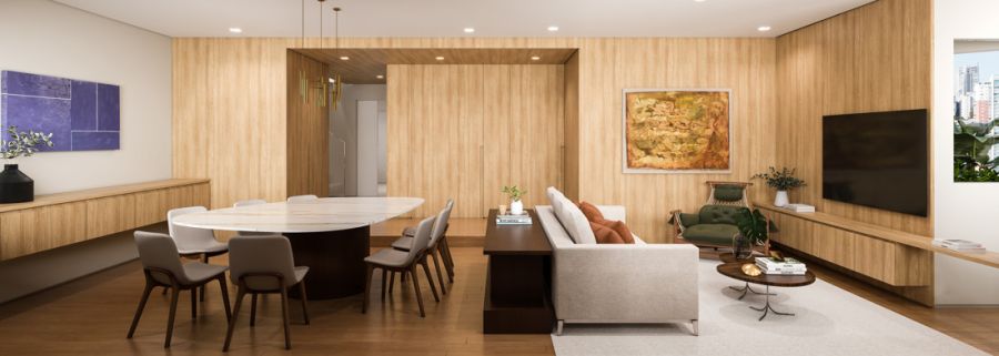 Perspectiva 3D Living, Estar e Jantar