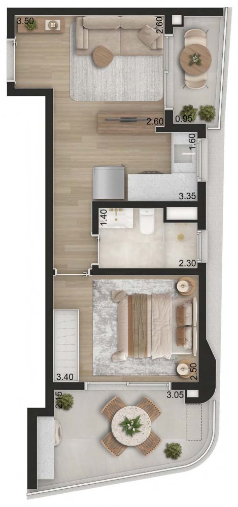 Planta Padrão 45m² com 1 dorm. - Final 6 - Torre 2