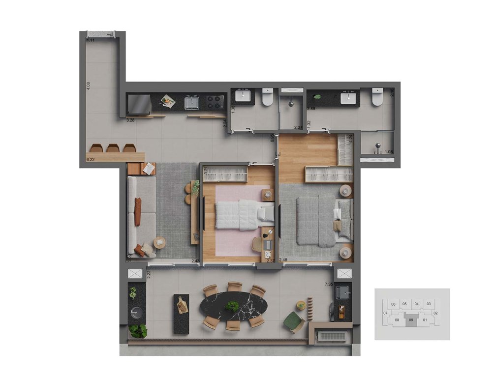 Apto 78m² com 2 dorms com 1 suíte