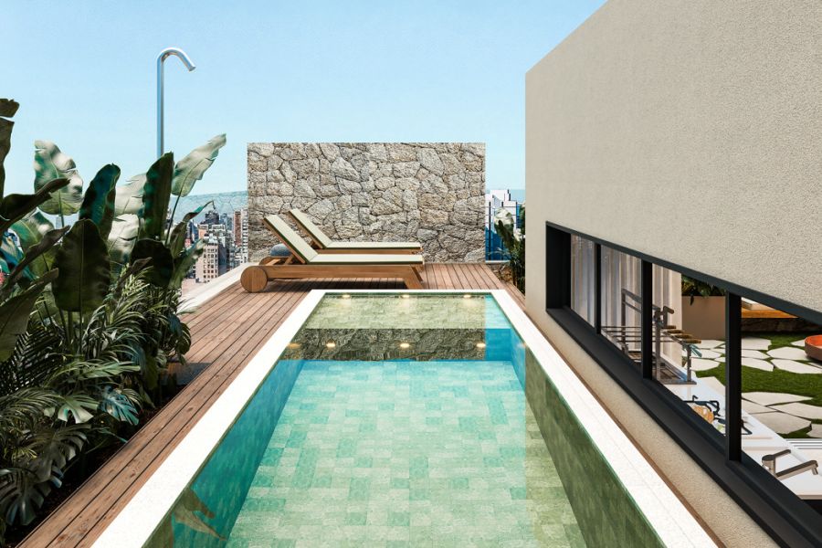 Perspectiva 3D da �rea externa com piscina