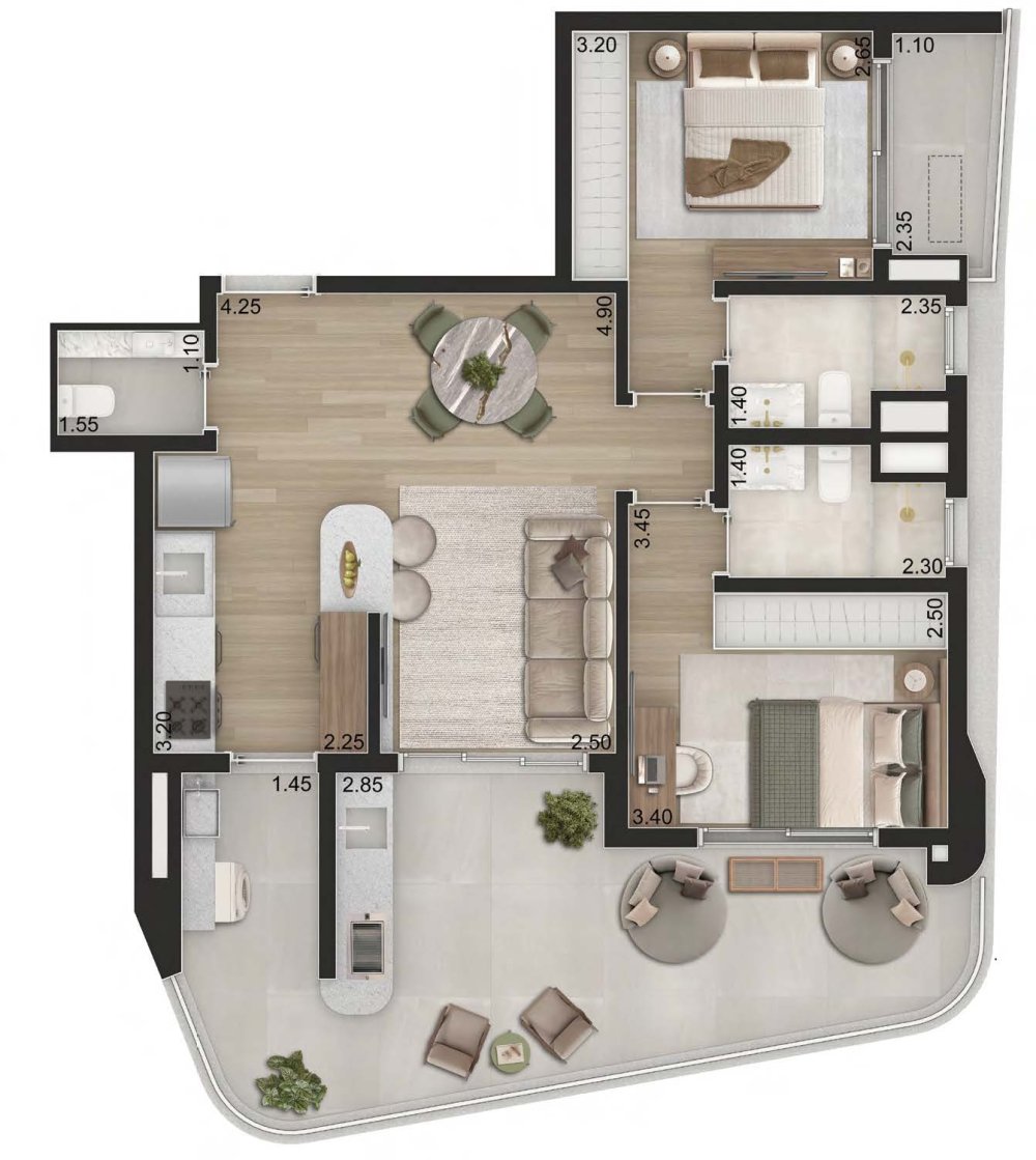 Planta Padrão 90m² com 2 suítes - Final 3 - Torre 2