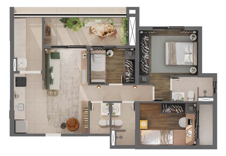 Planta Apartamento de 75m² - 3 dorms com 1 suíte com 1 ou 2 vagas