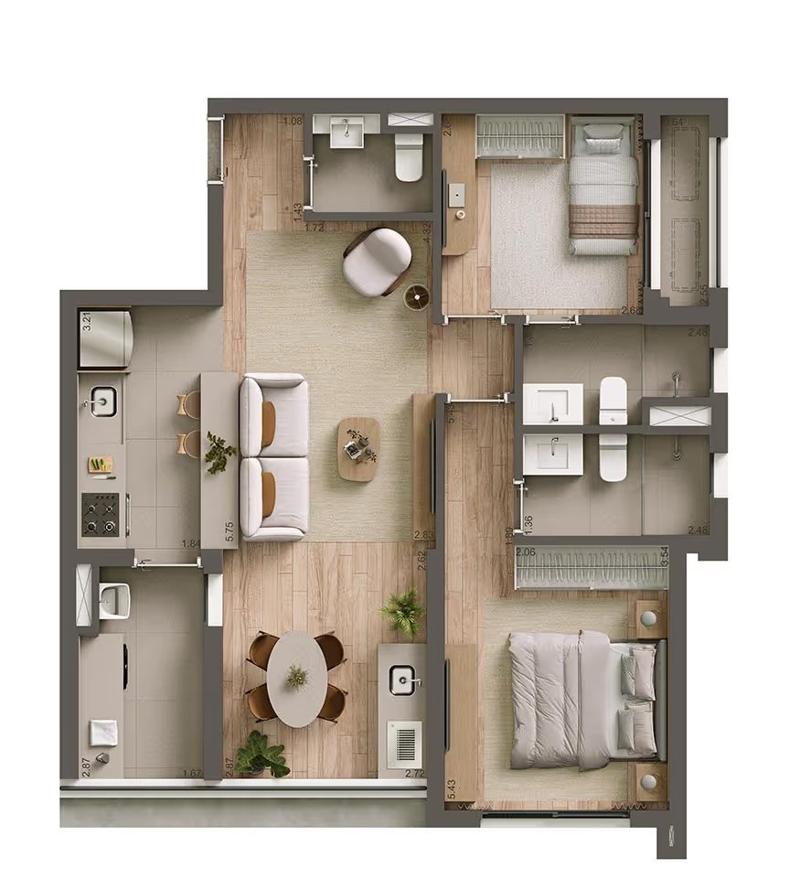 Apto 75m� com 2 su�tes - Integrada