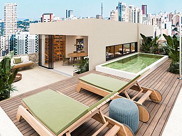 Perspectiva 3D da rea externa com piscina