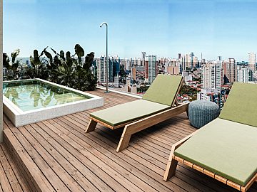 Perspectiva 3D da rea externa com piscina