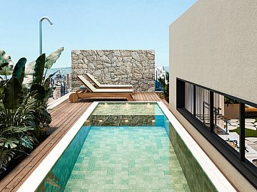 Perspectiva 3D da rea externa com piscina