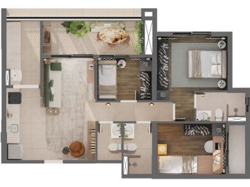 Planta Apartamento de 75m - 3 dorms com 1 sute com 1 ou 2 vagas