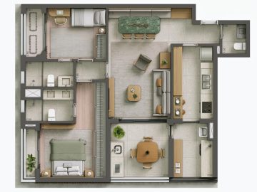 Planta 94m Integrada com 2 sutes